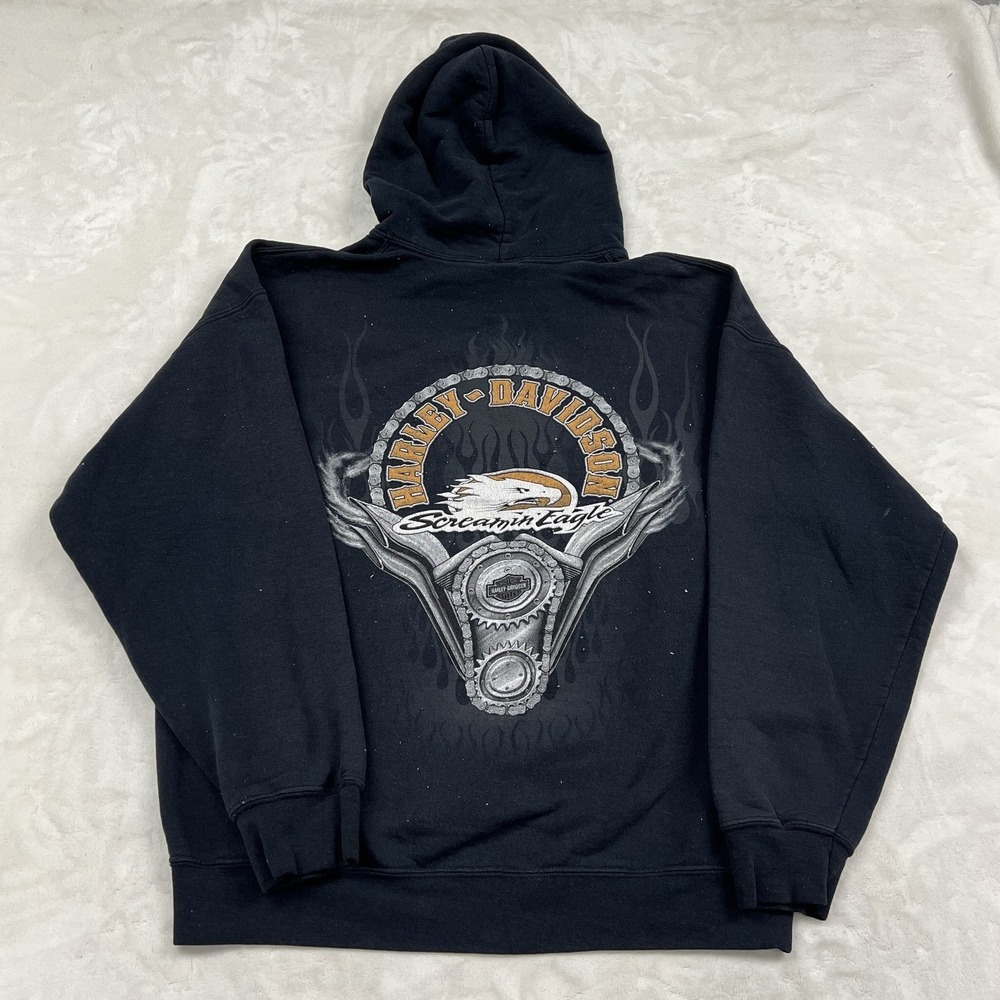 Main Gate Harley Davidson Hoodie Mens Large Black Screamin Eagle Graphic Flamed